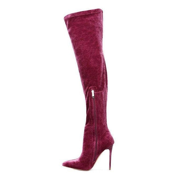 Rag Company elegant stiletto boots in burgundy with a sleek thigh-high design and pointed toe