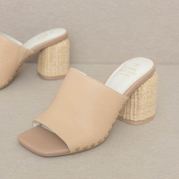 Oasis Society elegant studded heels in beige with woven block heel for stylish summer wear