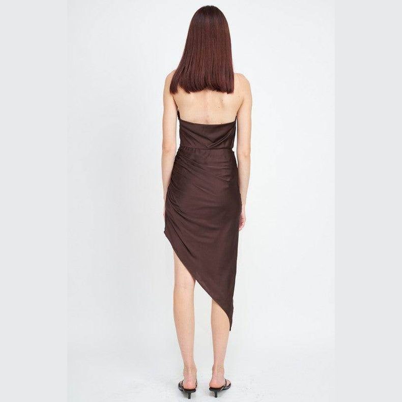 Back view of an elegant summer dress by Emory Park in rich brown with a stylish asymmetrical hemline