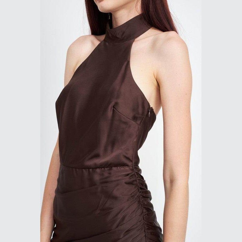 Emory Park elegant summer dress in brown satin with halter neck and ruched detailing
