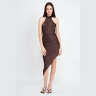 Emory Park elegant summer dress in brown with asymmetrical hem and halter neck design