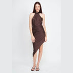Emory Park elegant summer dress in brown with asymmetrical hem and halter neck design