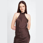 Emory Park elegant summer dress in brown with halter neck design and ruched detail
