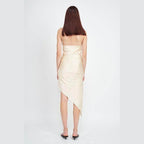 Back view of an Emory Park elegant summer dress featuring a sleek strapless design and asymmetric hem