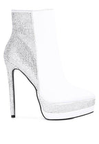Rag Company Elegant Vacation Footwear - White Rhinestone Ankle Boots with High Heels