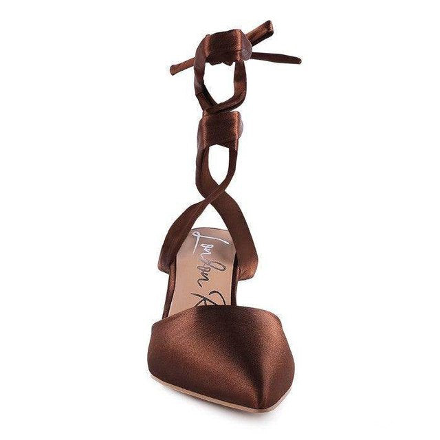 Rag Company elegant vacation sandals in brown satin with ankle tie detail for stylish summer outings