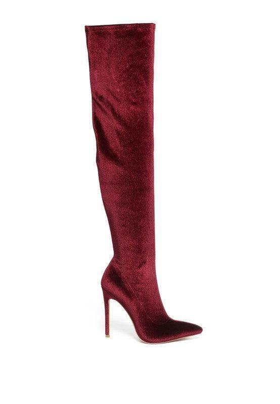 Elegant velvet boots in burgundy with a sleek high heel and thigh-high design