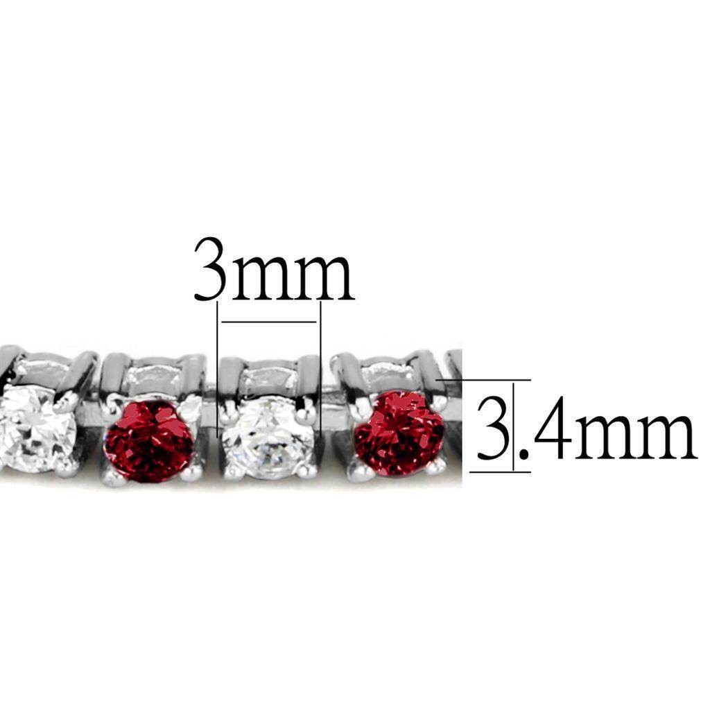 Close-up of an elegant women's crystal bracelet showcasing red and clear crystals with precise measurements