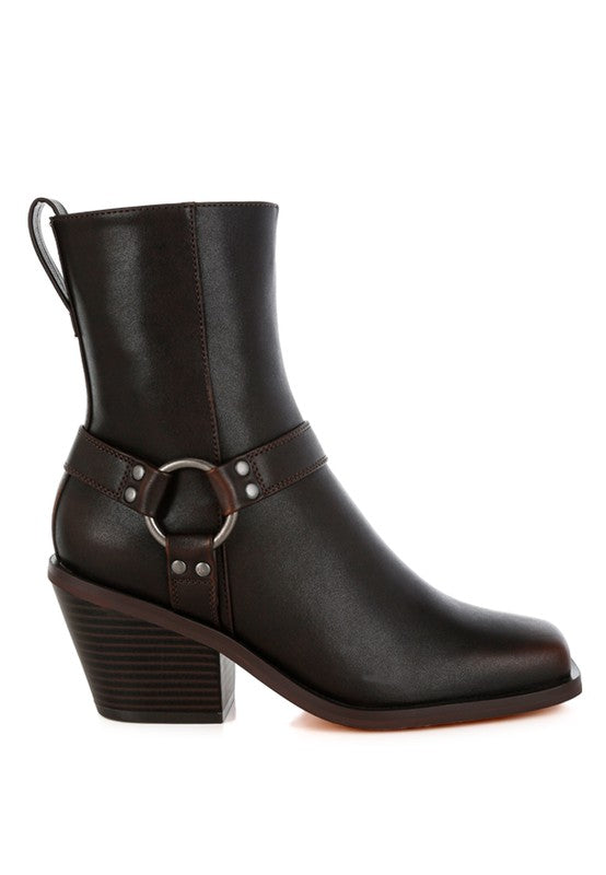 Rag Company elevated harness ankle boots in dark brown with a stylish heel and buckle detail