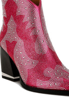 Embellished pink ankle boots for women with sparkling rhinestones and stylish block heels