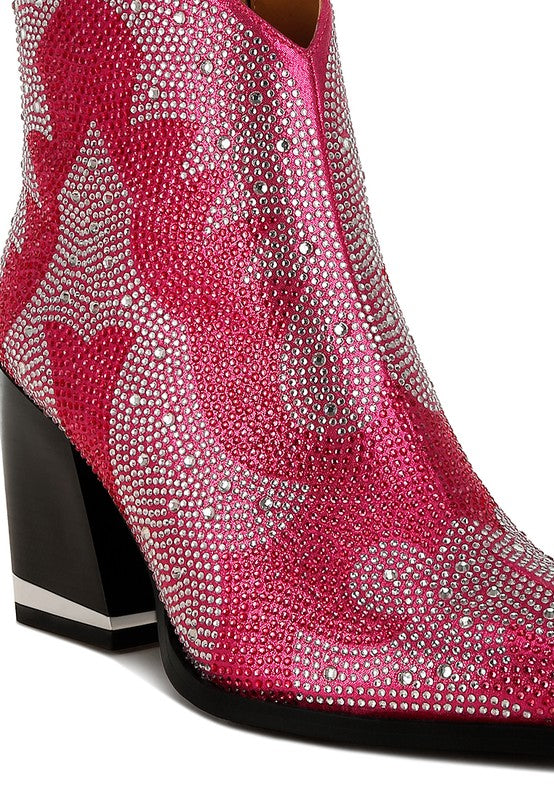 Embellished pink ankle boots for women with sparkling rhinestones and stylish block heels