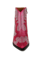 Embellished pink ankle boots for women featuring a dazzling rhinestone design and stylish zipper detail