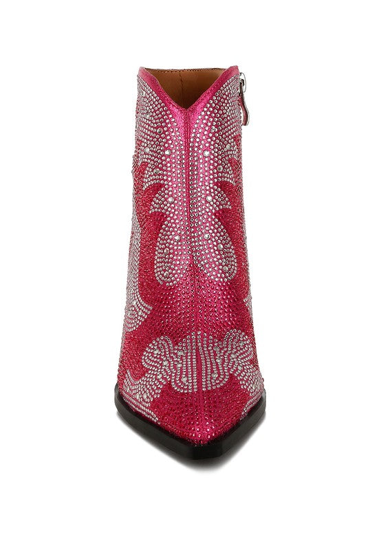 Embellished pink ankle boots for women featuring a dazzling rhinestone design and stylish zipper detail