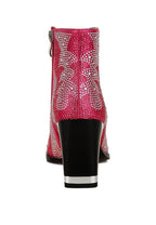 Embellished pink ankle boots for women with a stylish design and block heel