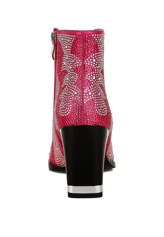Embellished pink ankle boots for women with a stylish design and block heel