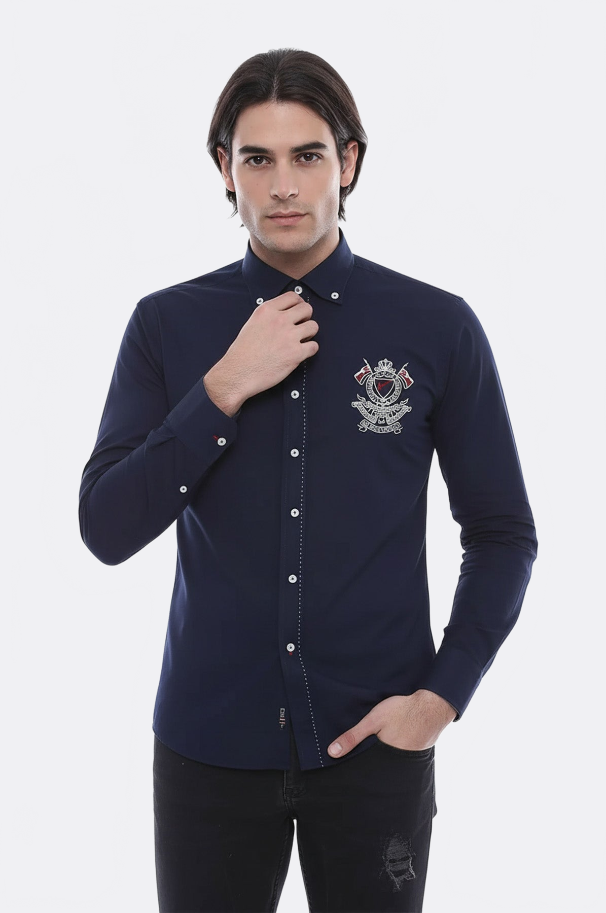 Emblemed Long Sleeve Navy Blue Shirt by Wessi – front view