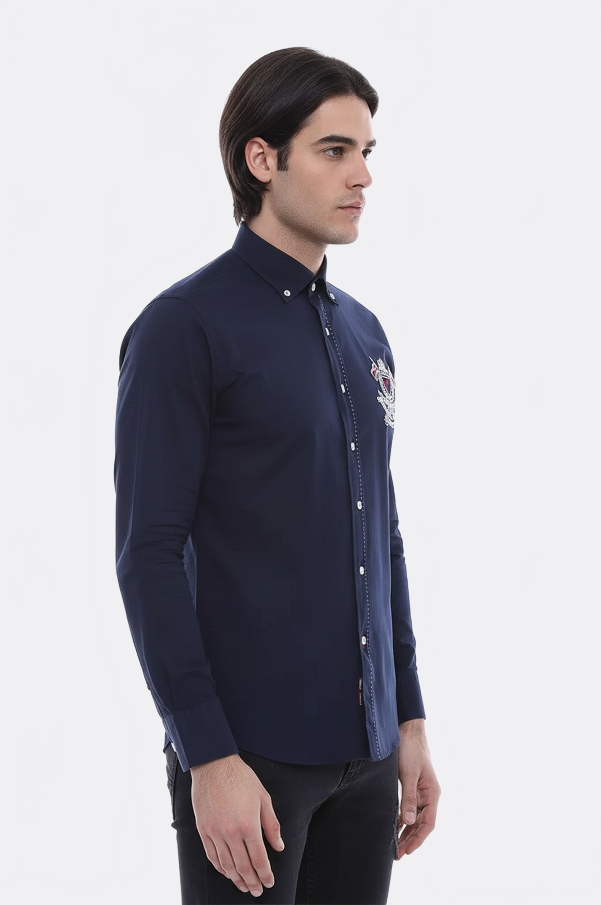 Emblemed Long Sleeve Navy Blue Shirt by Wessi – styled view