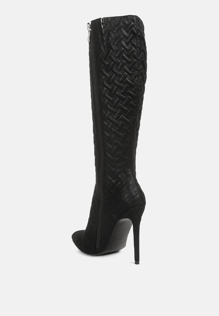 London Rag International embossed high heeled calf boots in black with a stylish woven design