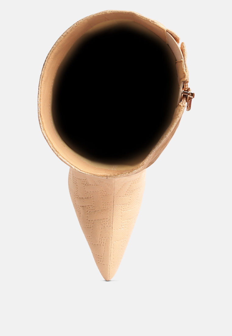 London Rag International embossed high heeled calf boots in stylish beige color with a pointed toe design