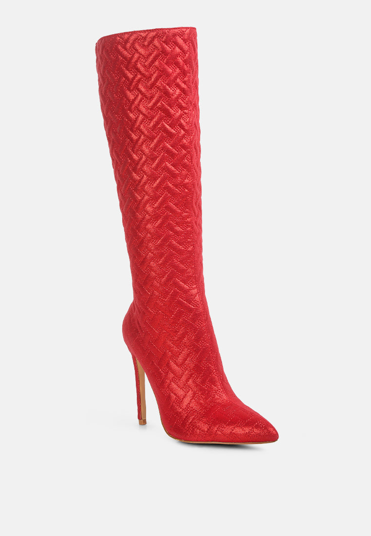 London Rag International embossed high heeled calf boots in vibrant red with a stylish woven design