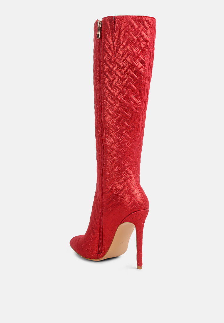 London Rag embossed high heeled calf boots in red with a stylish woven texture for a chic look