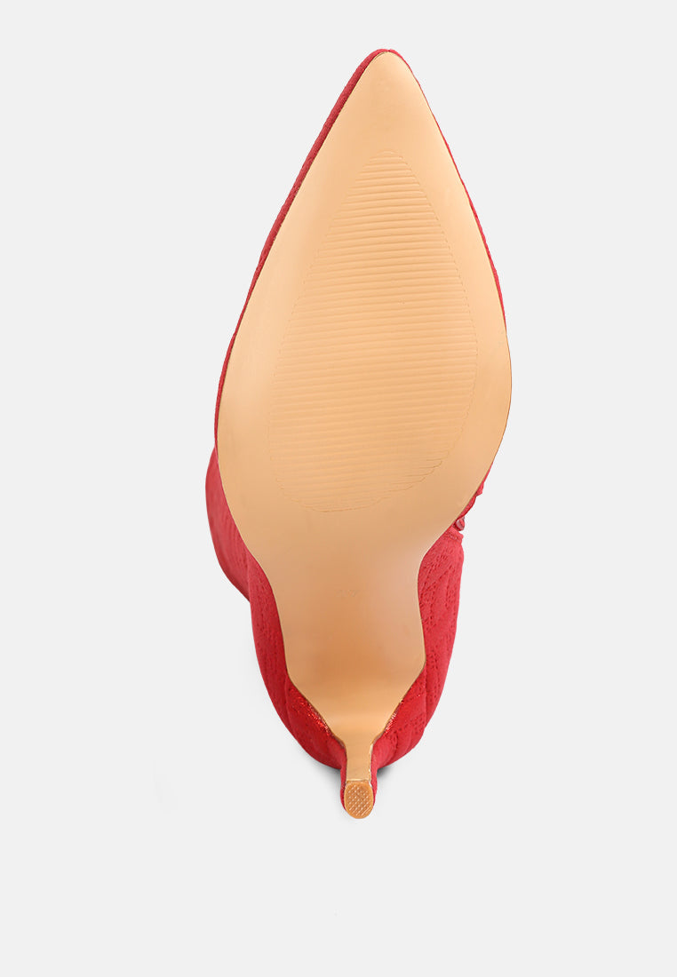 Bottom view of embossed high heeled calf boots in red from London Rag International