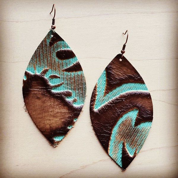 Embossed turquoise leather earrings with a stylish leaf shape and intricate design