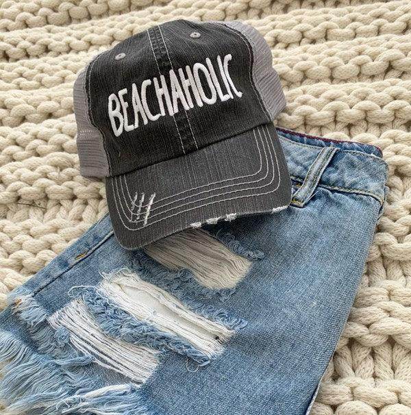 Ocean and 7th embroidered beach hat in black with distressed detailing for stylish summer looks
