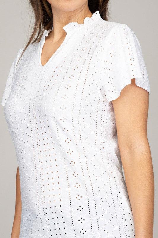 Women's Shirts Embroidered eyelet blouse with ruffle