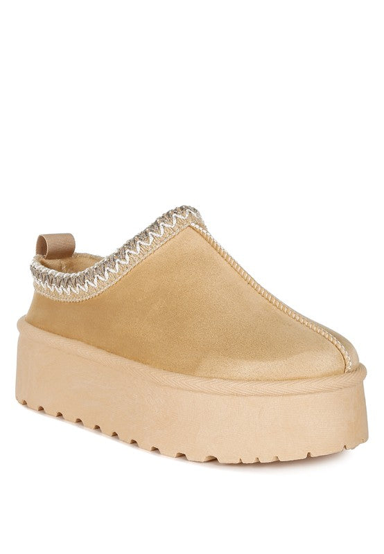 Rag Company embroidered platform slip-on shoes in tan with decorative stitching on the collar