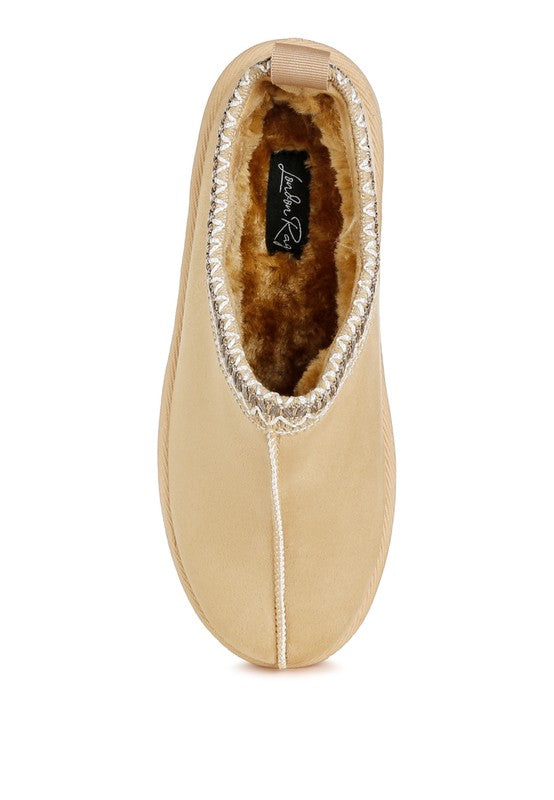 Rag Company women's embroidered platform slip-on shoes in beige with soft fluffy lining for comfort