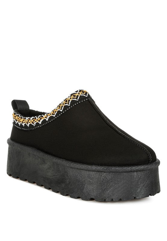 Rag Company embroidered platform slip-on shoes in black with stylish stitched detailing
