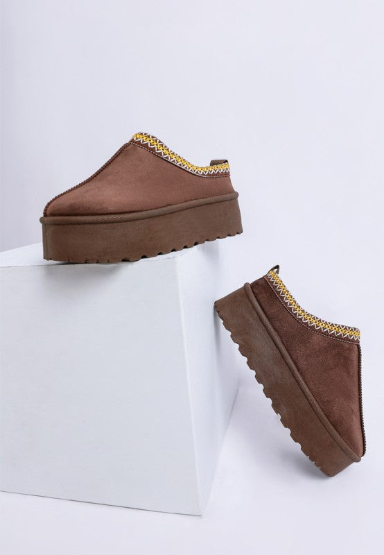 Rag Company embroidered platform slip-on shoes in brown with ornate trim and a chunky sole