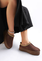 Rag Company embroidered platform slip-on shoes in brown with colorful woven trim for women