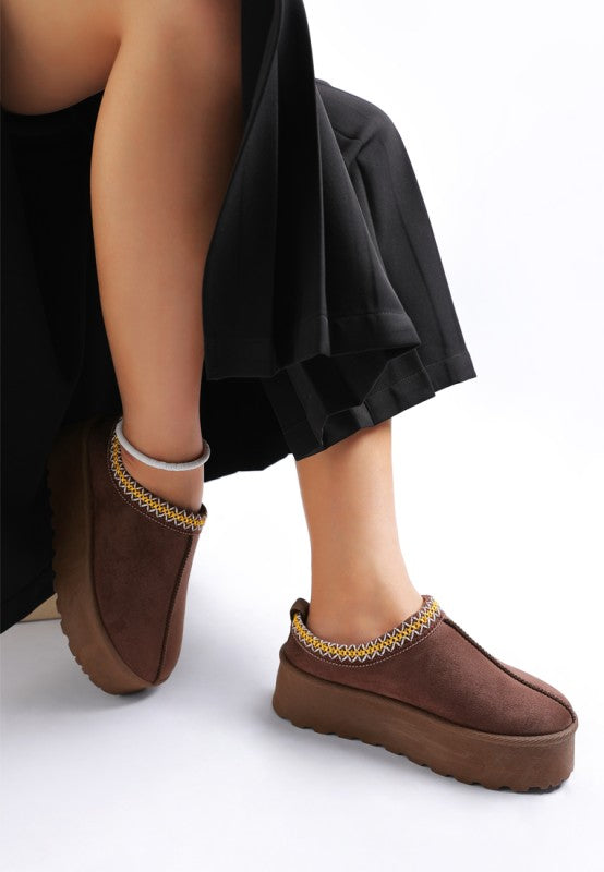 Rag Company embroidered platform slip-on shoes in brown with colorful woven trim for women
