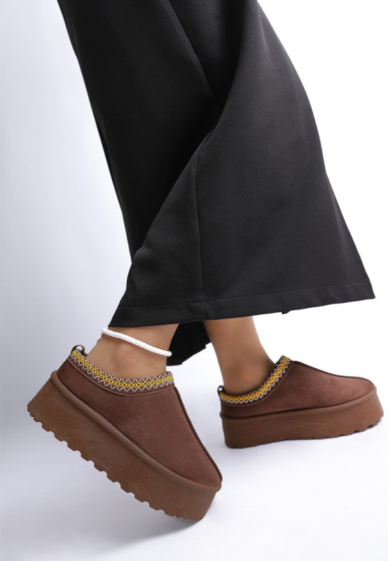 Stylish women's embroidered platform slip-on shoes in brown with colorful trim for casual wear