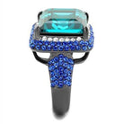 Stunning emerald cut crystal cocktail ring with blue accents and a sleek design from VacationGrabs