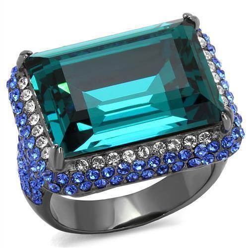 Emerald cut crystal cocktail ring with blue and clear crystals for a stunning statement accessory