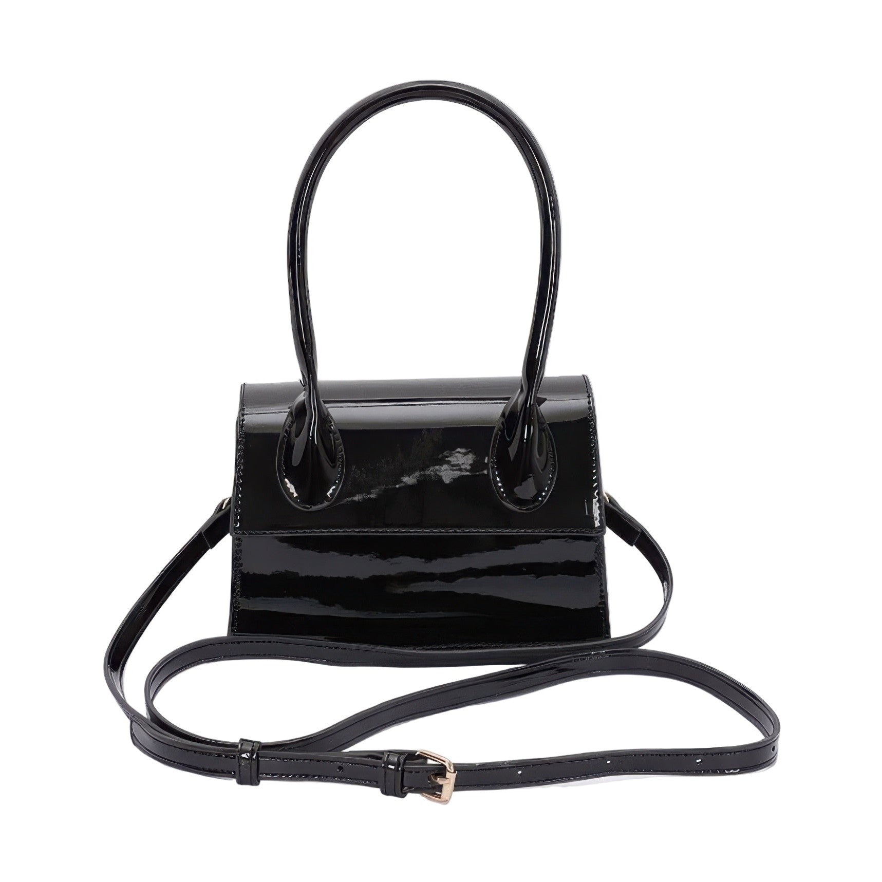 Glossy black enamel top handle crossbody bag with stylish handles and adjustable strap