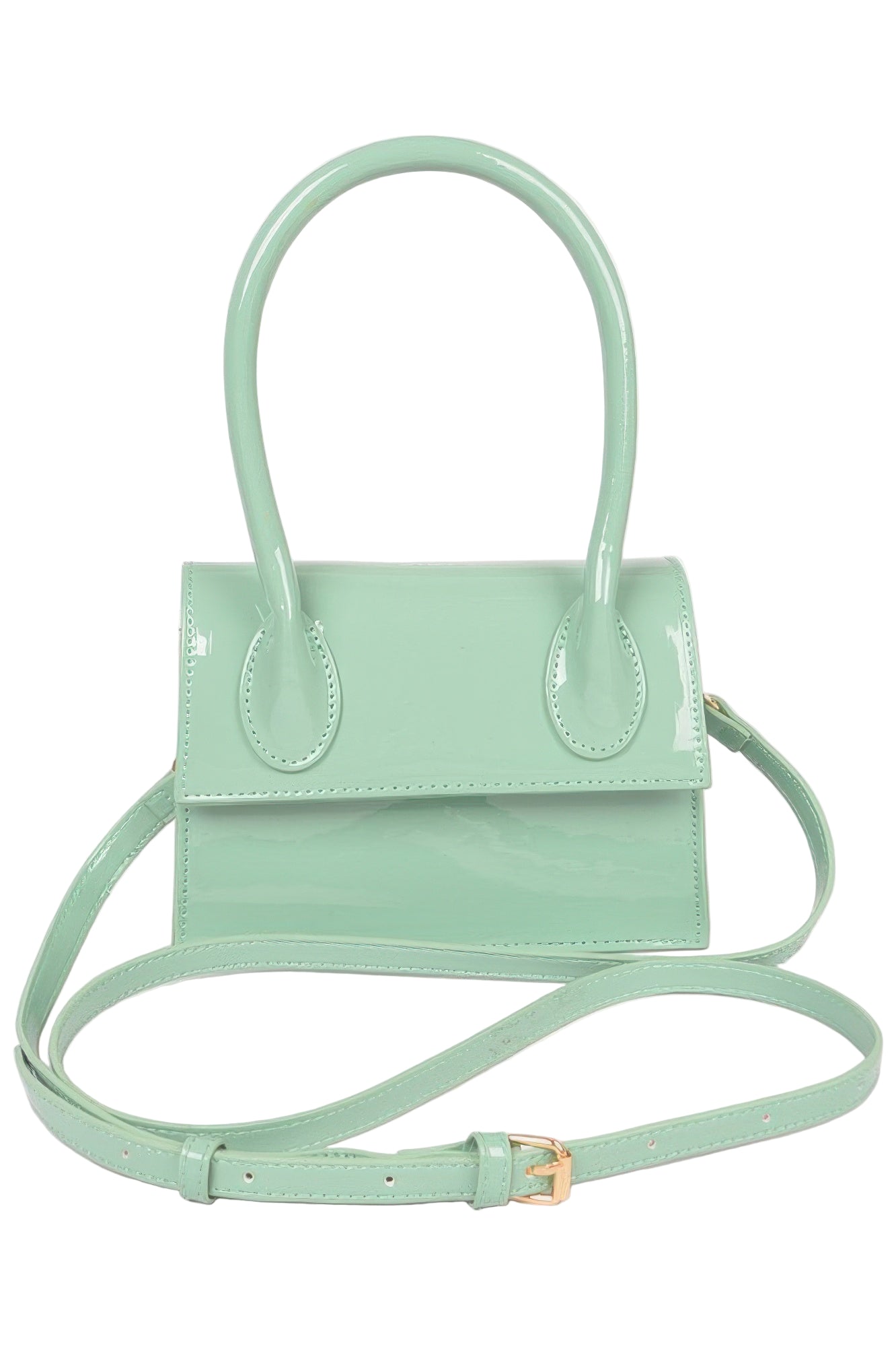 Mint green enamel top handle crossbody bag with a stylish design and adjustable strap for versatility