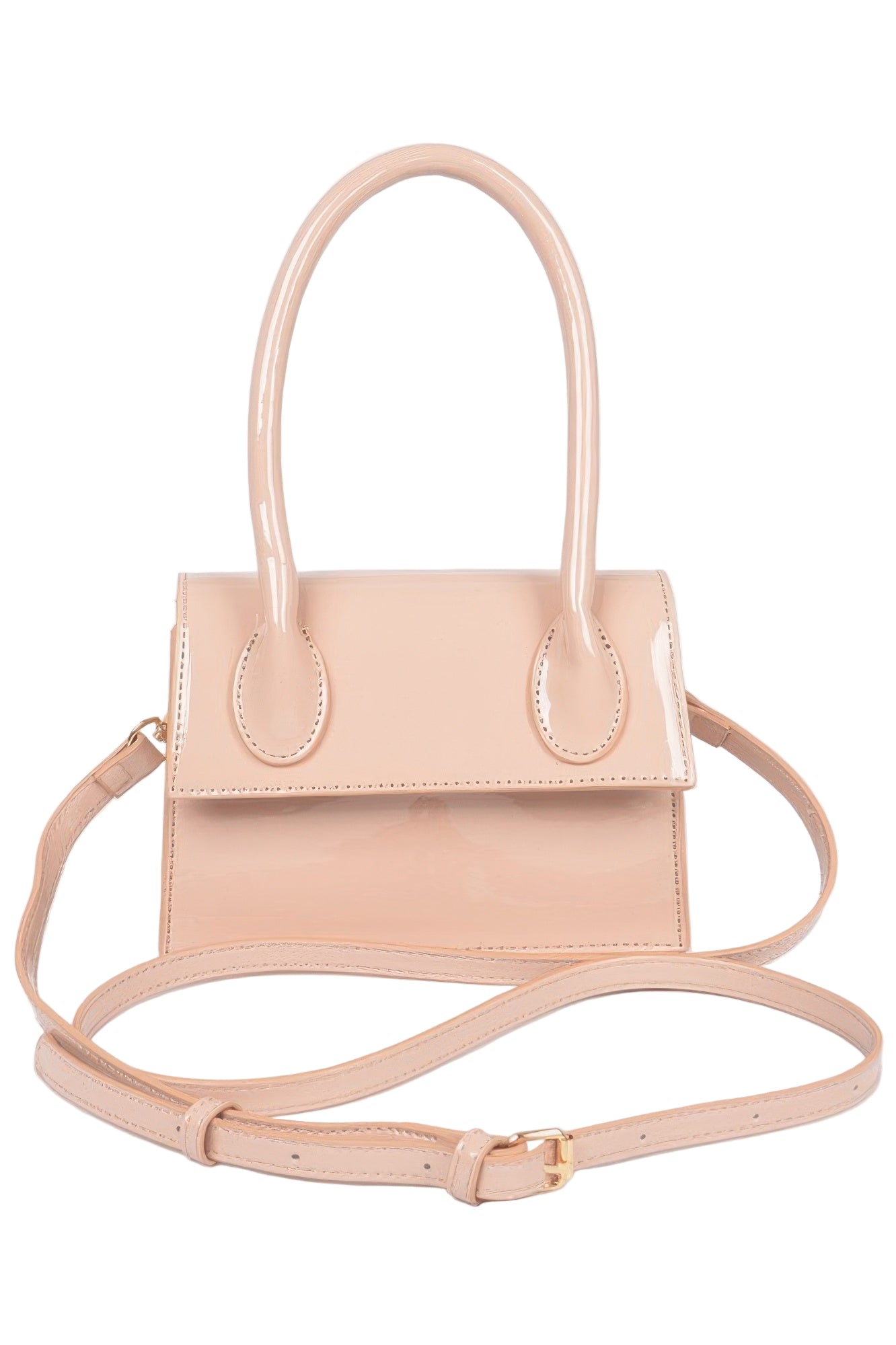 VacationGrabs enamel top handle crossbody bag in soft pink with a detachable strap and sleek design