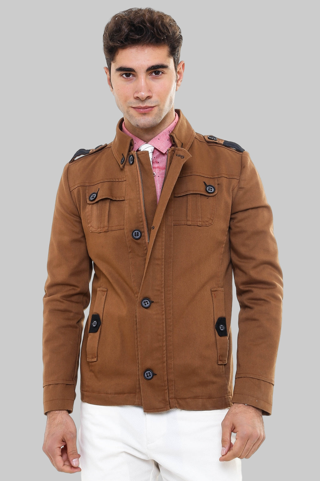 Epaulette 4 Pockets Washed Tan Coat – front view