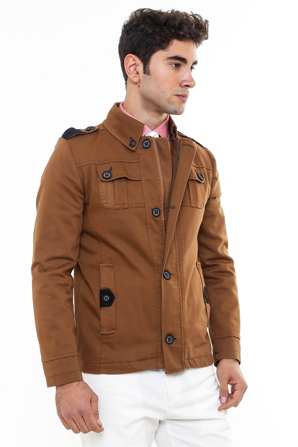 Epaulette 4 Pockets Washed Tan Coat – detail view