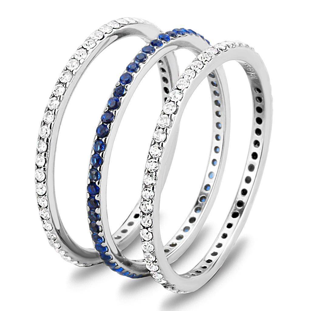 Set of three Women's Rings including an eternity band with blue stones and sparkling white stones