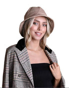 Leto Accessories ethical fashion bucket hat in beige style with a chic plaid coat
