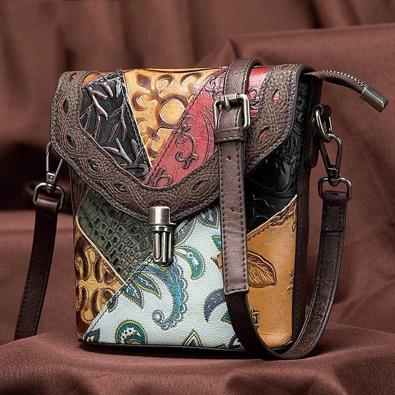 Ethnic patchwork handbag featuring vibrant colors and unique patterns for stylish functionality