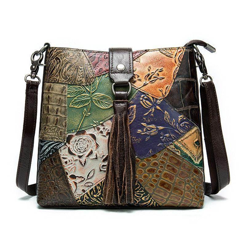 VacationGrabs ethnic patchwork handbag featuring vibrant colors and intricate leather detailing