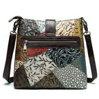 Ethnic patchwork handbag featuring vibrant colors and intricate designs for a stylish accessory.
