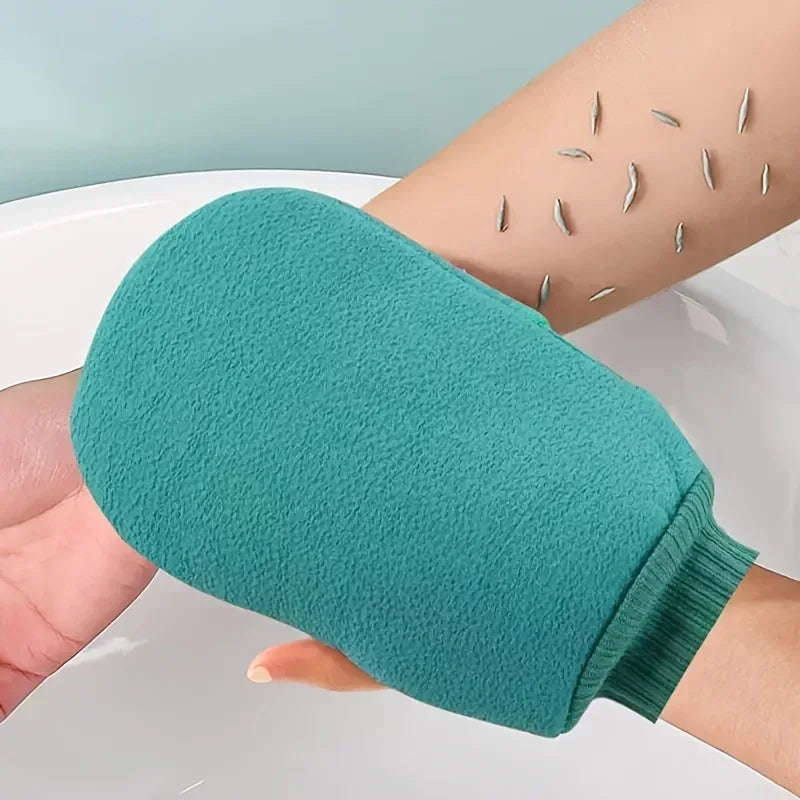 Teal exfoliating gloves for dead skin removal in skincare routine