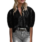 Eyelet Button Up Half Sleeve Blouse - VacationGrabs